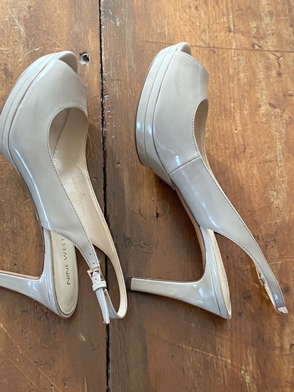 Nine West Taupe Patent Peep-Toe Slingback Heels - Picture 7 of 15